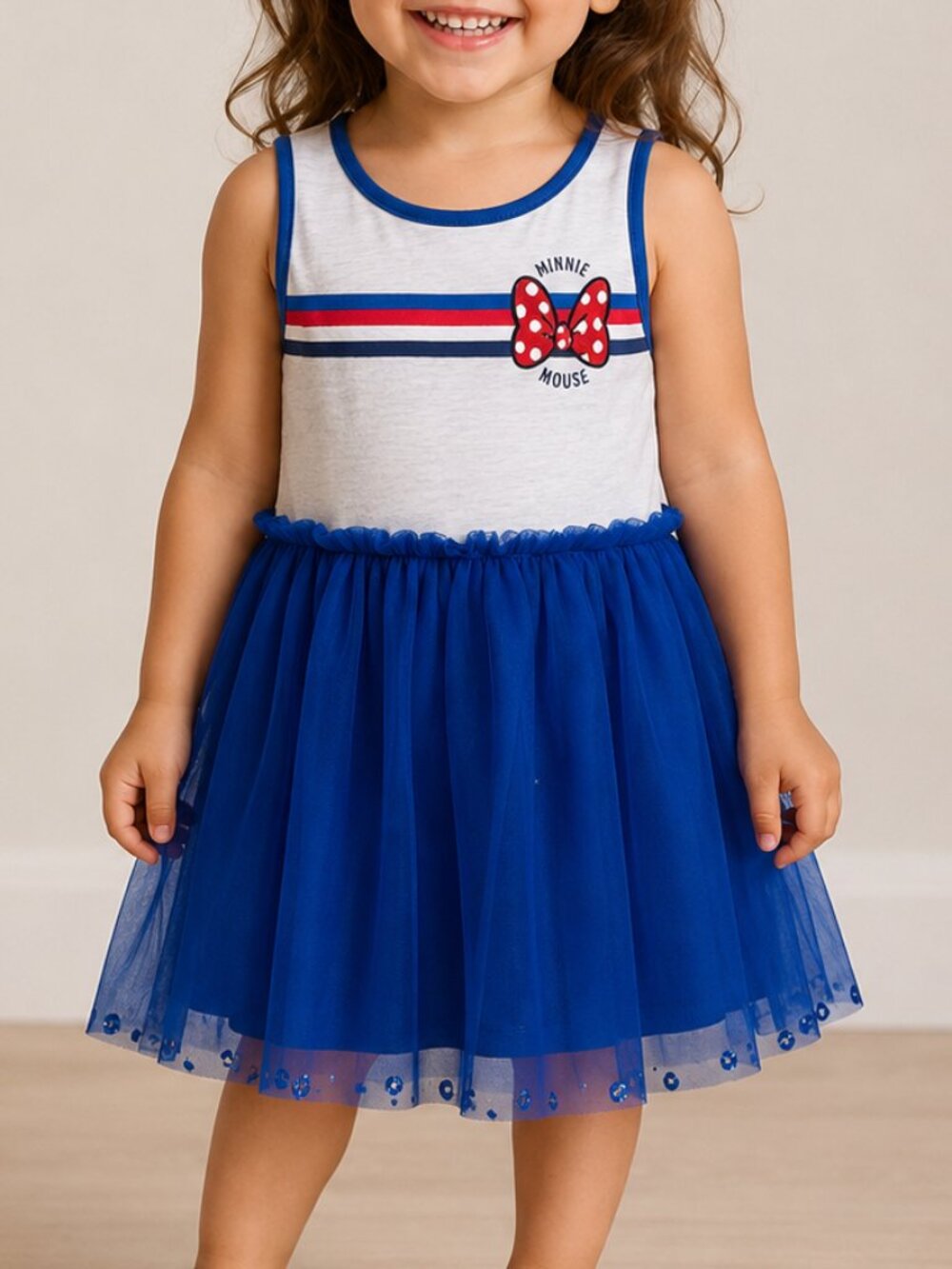 Disney Kids Girls Minnie Mouse Bow Print Jersey Tulle Blue Dress NWT